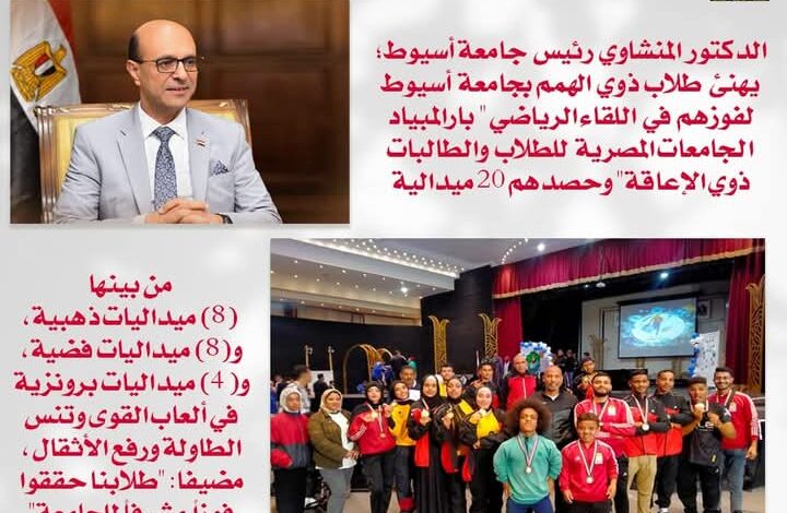 ذوي الهمم بجامعة أسيوط يحصدون ٢٠ميدالية فى أولمبياد الجامعات المصرية