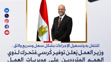 وزير العمل يُعلن توفير كُرسي مُتحرك لذوي الهمم المترددين على مديريات العمل بالمحافظات..