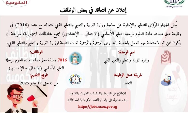 وزارة التربية والتعليم تقدم مسابقة لتعيين 7016 معلم مساعد علوم