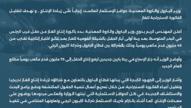 وزير البترول والثروة المعدنية بدء باكورة إنتاج الغاز من شركة (بترويب) بالبحر المتوسط