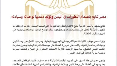 مصر تتابع باهتمام التطورات في اليمن وتؤكد دعمها لوحدته وسيادته