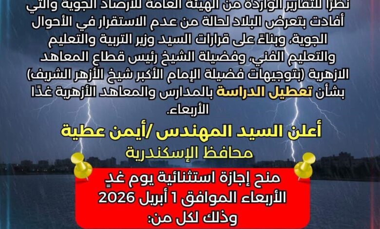 غدا تعطيل الدراسة بالمدارس والمعاهد الأزهرية لعدم الاستقرار في الأحوال الجوية