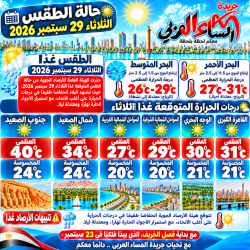 توقعات حالة الطقس غدا اليوم الثلاثاء، 29 سبتمبر 2026 أجواء خريفية وفرص الأمطار.