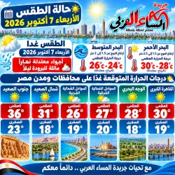 الطقس غدا الأربعاء 7 أكتوبر 2026 في مصر طقس خريفي معتدل.